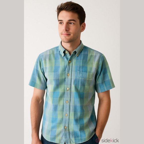 Izod Blue & Green Short Sleeve Mens Casual Shirt - Picture 2 of 6